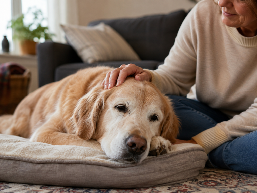 Older dog resting beside a family member at home