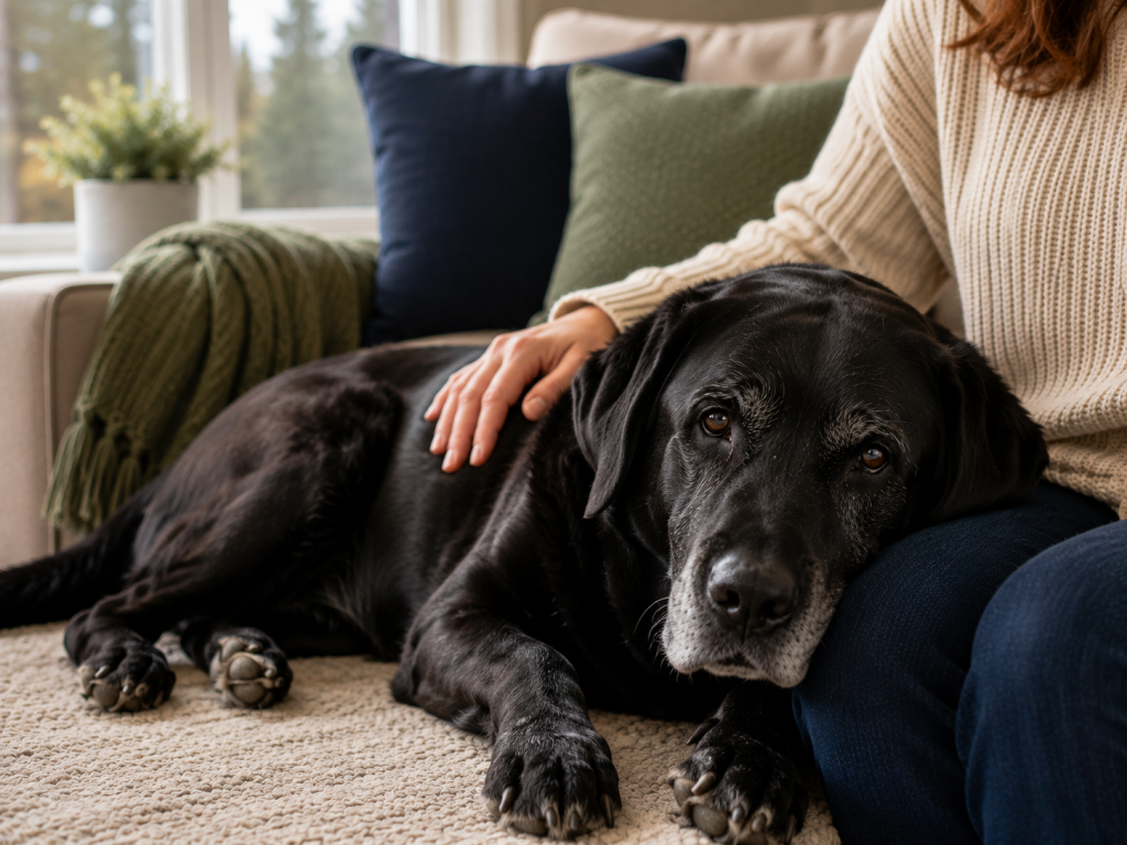 Older black Labrador resting beside a family member at home