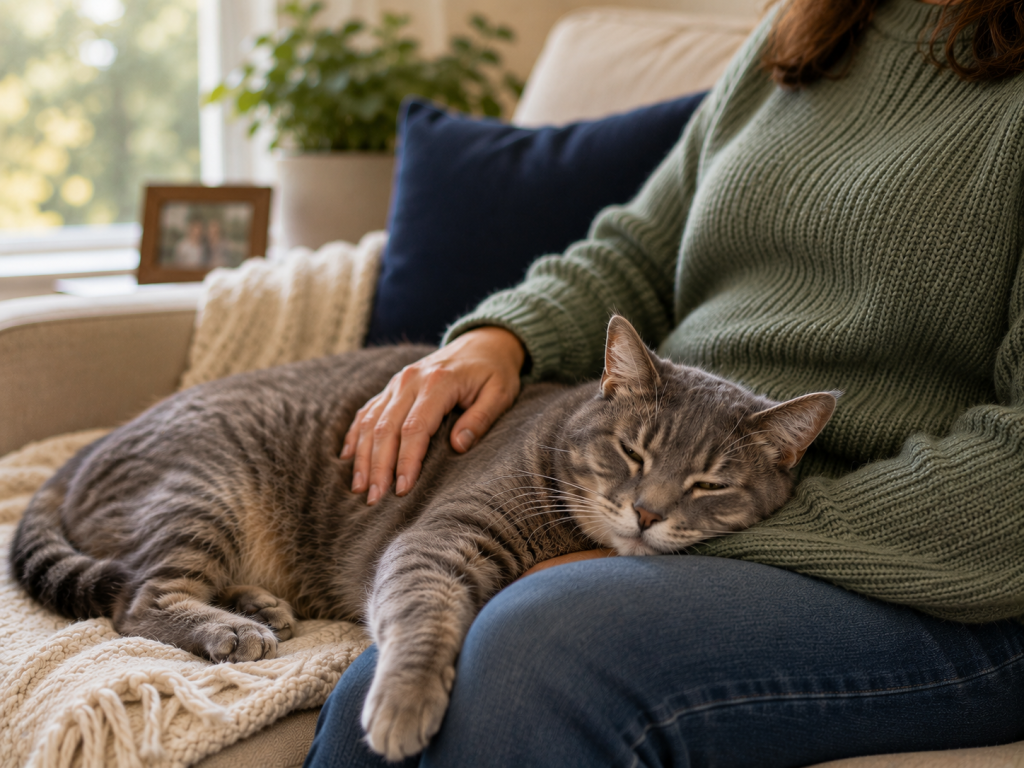 Older gray tabby cat resting beside a family member at home