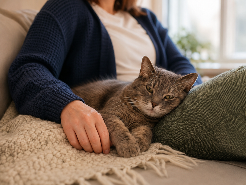 Older cat resting beside a family member at home