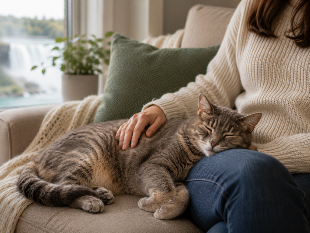 Older gray tabby cat resting beside a family member at home