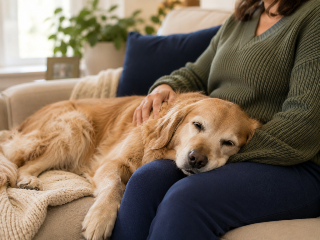 Older dog resting beside a family member at home